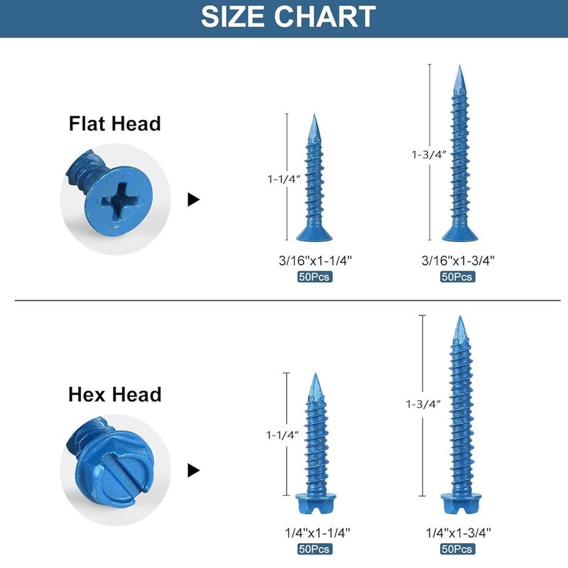 SATANTECH Concrete Screws with Drill Bit, 200Pcs Concrete Screw 1/4 3/16 Assortment Kit, Flat & Hex Head Masonry Block Brick Cement Screws and Anchors, No Pre Drilling, Diamond Point - Image 3